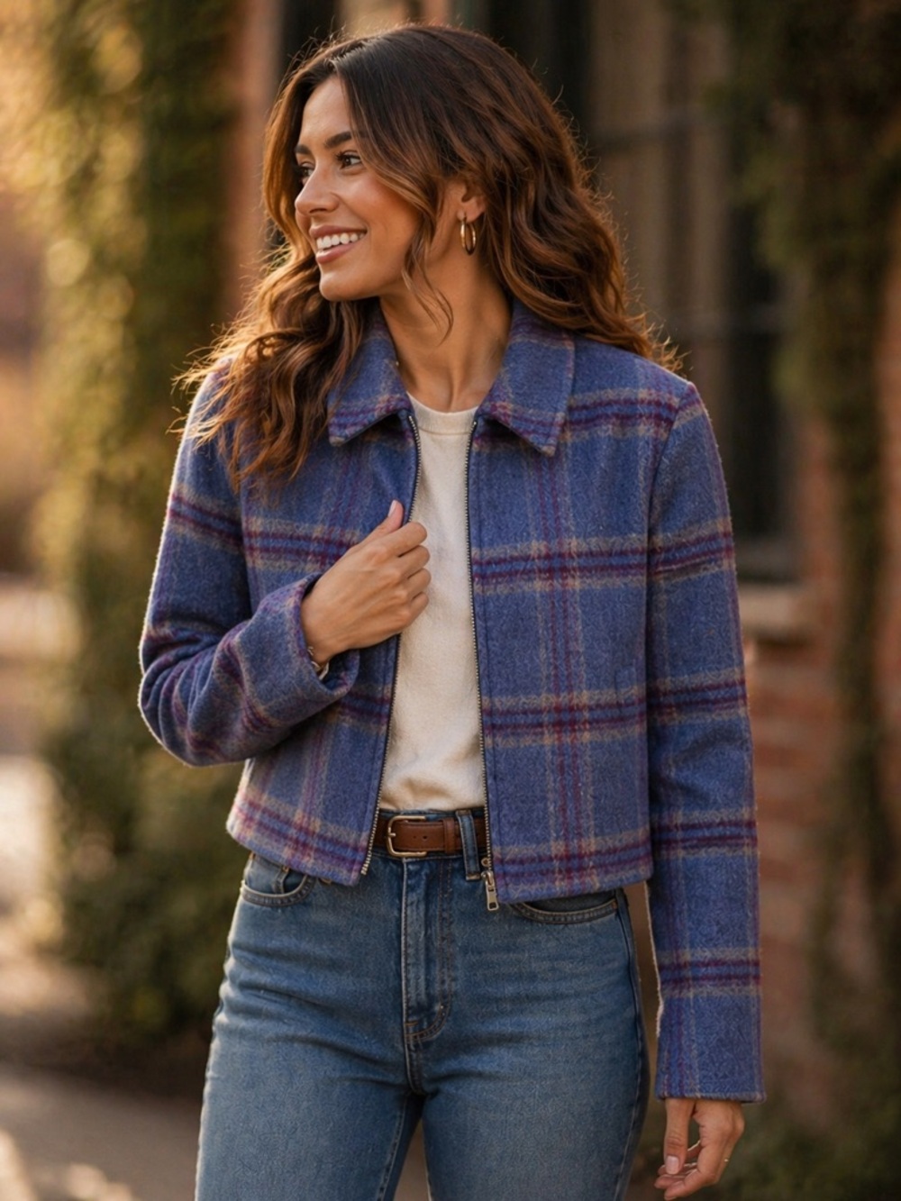 Vintage Wool Plaid Jacket ✨ Cropped Blue Preppy Fall Blazer Chic Zip Up Coat